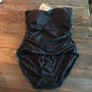 Tommy Bahama pearl shirred bandeau one piece BLACK 14 NWT